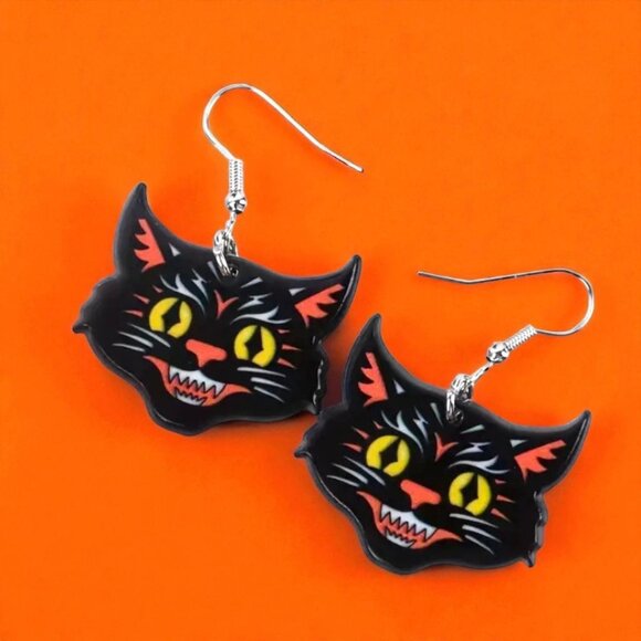 Retro Vintage Style Halloween Smiling Black Cat Earrings Acrylic Double Sided - Picture 1 of 2